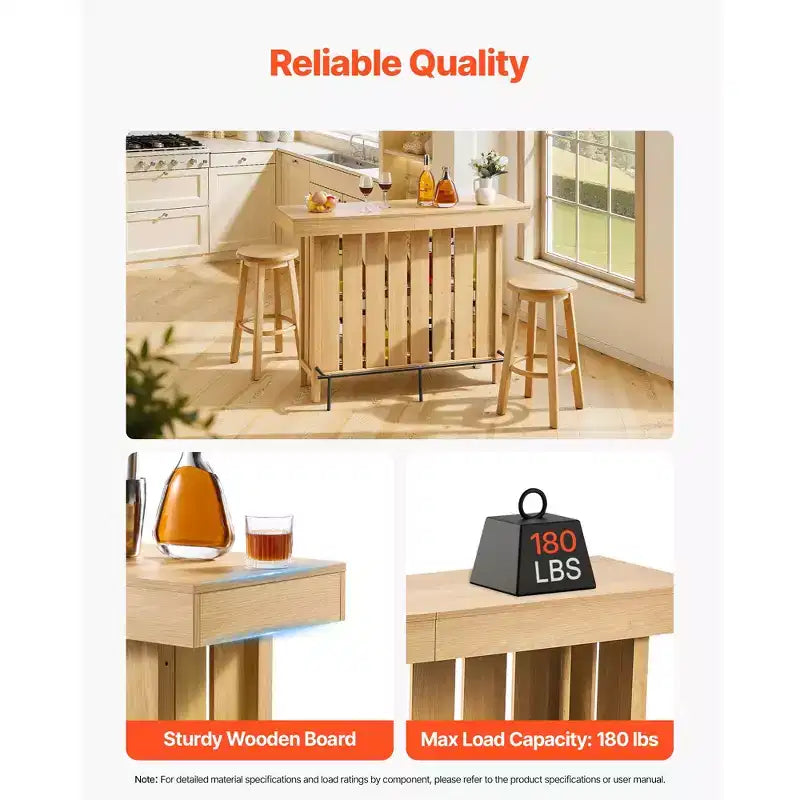Meuble de bar VEVOR, Table de bar à vin 3 niveaux avec étagères de rangement, Boîte de rangement pour ouvre-bouteilles et Patins réglables, Repose-pieds noir, Marron clair