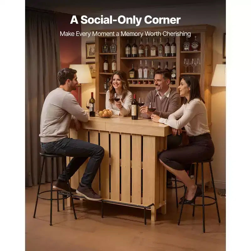 Meuble de bar VEVOR, Table de bar à vin 3 niveaux avec étagères de rangement, Boîte de rangement pour ouvre-bouteilles et Patins réglables, Repose-pieds noir, Marron clair