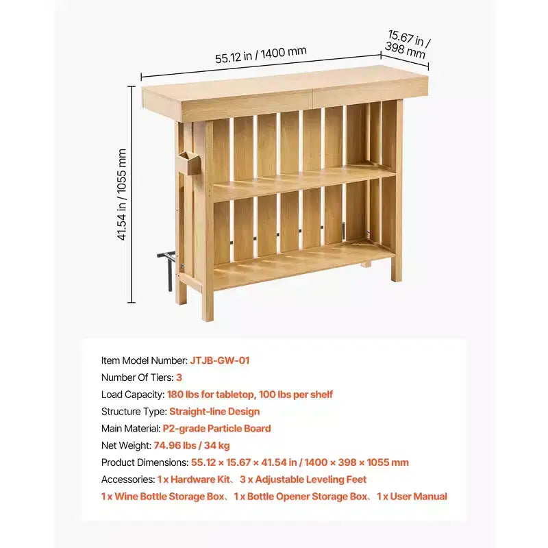 Meuble de bar VEVOR, Table de bar à vin 3 niveaux avec étagères de rangement, Boîte de rangement pour ouvre-bouteilles et Patins réglables, Repose-pieds noir, Marron clair