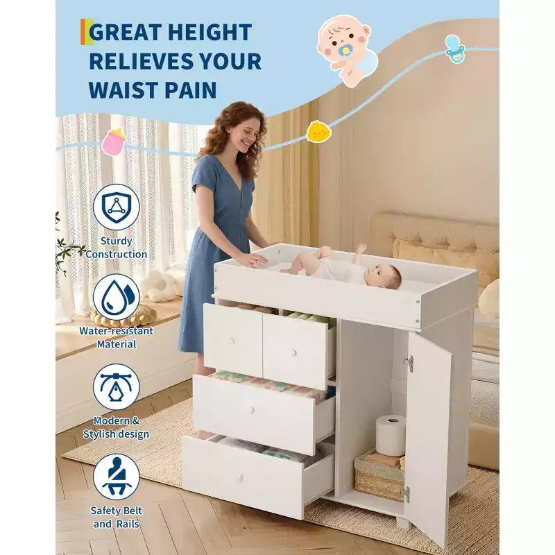 Commode à langer avec 2 tiroirs, commode moderne pour chambre d'enfant avec espace de rangement ouvert, table à langer pour chambre à coucher, chambre d'enfant, blanc
