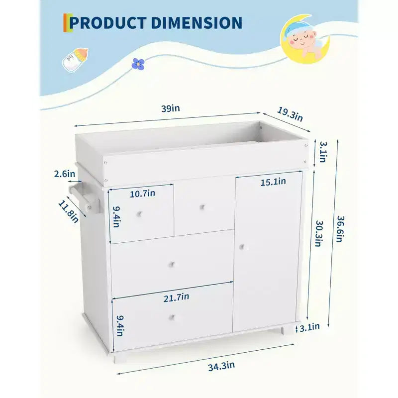 Commode à langer avec 2 tiroirs, commode moderne pour chambre d'enfant avec espace de rangement ouvert, table à langer pour chambre à coucher, chambre d'enfant, blanc
