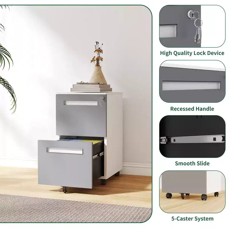 Classeur mobile à 2 tiroirs avec serrure, armoire de rangement entièrement métallique sur roulettes à 360°