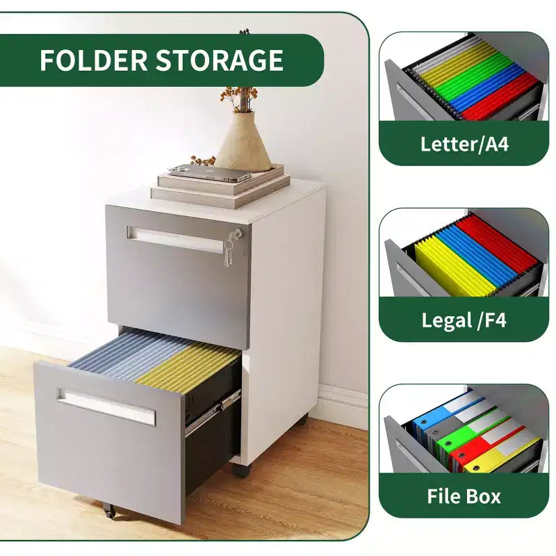 Classeur mobile à 2 tiroirs avec serrure, armoire de rangement entièrement métallique sur roulettes à 360°