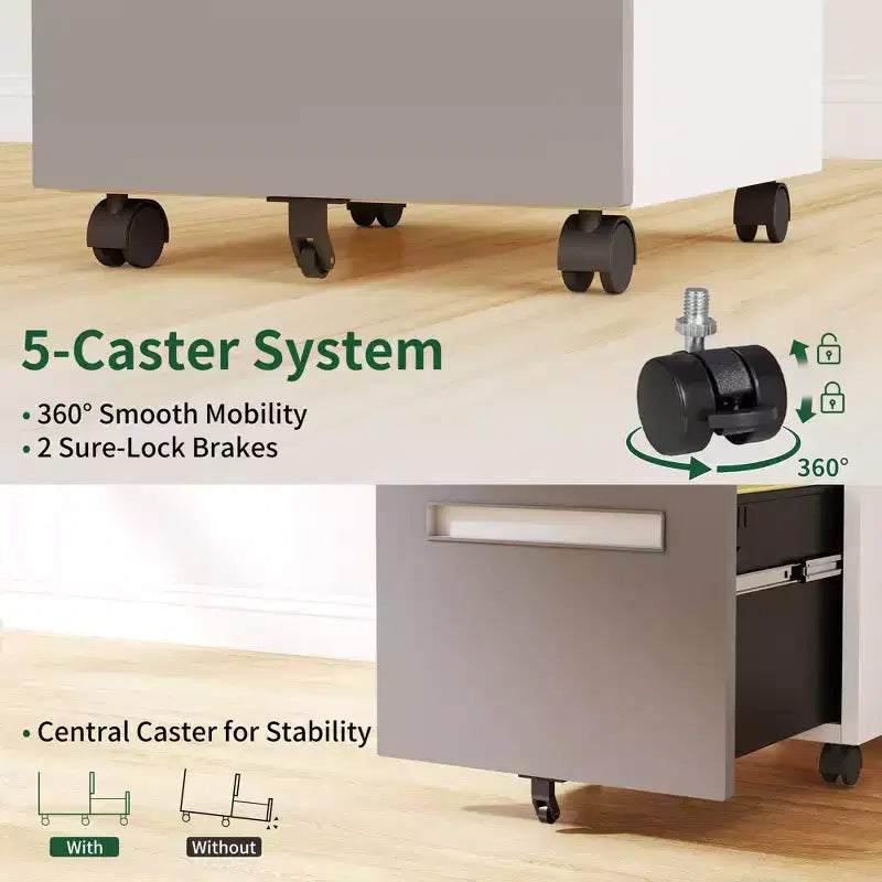 Classeur mobile à 2 tiroirs avec serrure, armoire de rangement entièrement métallique sur roulettes à 360°