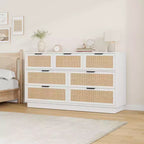 Commode 7 tiroirs en rotin pour chambre, meuble TV en rotin style ferme avec 7 tiroirs de rangement, organisateur polyvalent moderne pour chambre, entrée