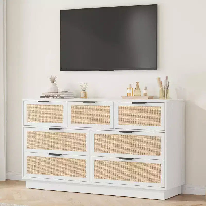 Commode 7 tiroirs en rotin pour chambre, meuble TV en rotin style ferme avec 7 tiroirs de rangement, organisateur polyvalent moderne pour chambre, entrée