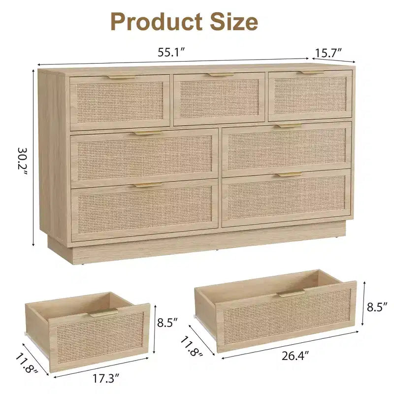 Commode 7 tiroirs en rotin pour chambre, meuble TV en rotin style ferme avec 7 tiroirs de rangement, organisateur polyvalent moderne pour chambre, entrée