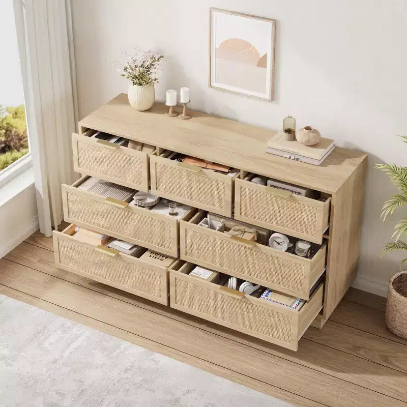 Commode 7 tiroirs en rotin pour chambre, meuble TV en rotin style ferme avec 7 tiroirs de rangement, organisateur polyvalent moderne pour chambre, entrée