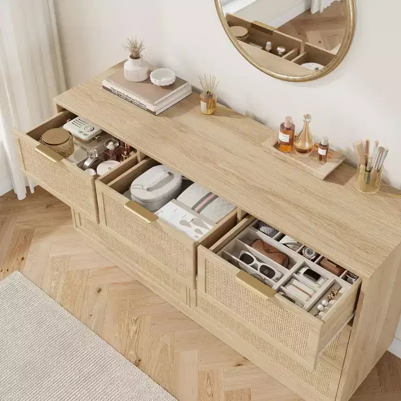 Commode 7 tiroirs en rotin pour chambre, meuble TV en rotin style ferme avec 7 tiroirs de rangement, organisateur polyvalent moderne pour chambre, entrée