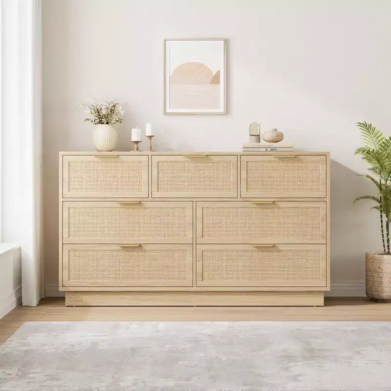 Commode 7 tiroirs en rotin pour chambre, meuble TV en rotin style ferme avec 7 tiroirs de rangement, organisateur polyvalent moderne pour chambre, entrée