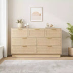 Commode 7 tiroirs en rotin pour chambre, meuble TV en rotin style ferme avec 7 tiroirs de rangement, organisateur polyvalent moderne pour chambre, entrée