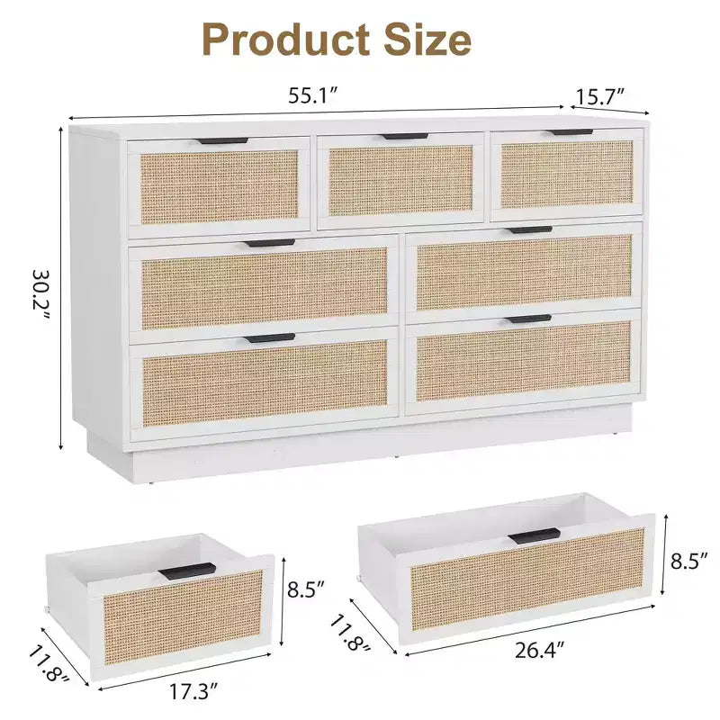 Commode 7 tiroirs en rotin pour chambre, meuble TV en rotin style ferme avec 7 tiroirs de rangement, organisateur polyvalent moderne pour chambre, entrée