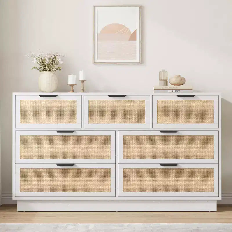 Commode 7 tiroirs en rotin pour chambre, meuble TV en rotin style ferme avec 7 tiroirs de rangement, organisateur polyvalent moderne pour chambre, entrée