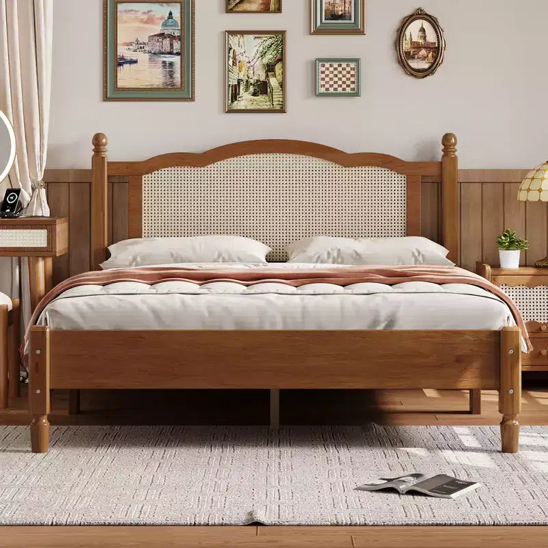 FAMYYT Queen Size Wooden Platform Bed with Natural Rattan Headboard and Wooden Slat Support, Easy Assembly