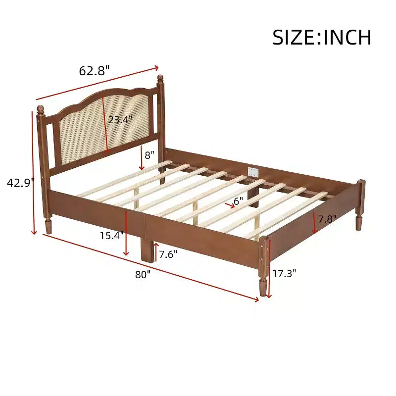 FAMYYT Lit plateforme queen size en bois avec tête de lit en rotin naturel et support à lattes en bois, assemblage facile