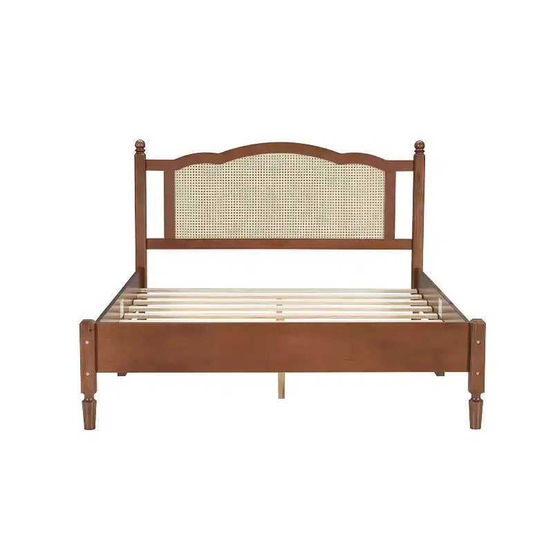 FAMYYT Lit plateforme queen size en bois avec tête de lit en rotin naturel et support à lattes en bois, assemblage facile