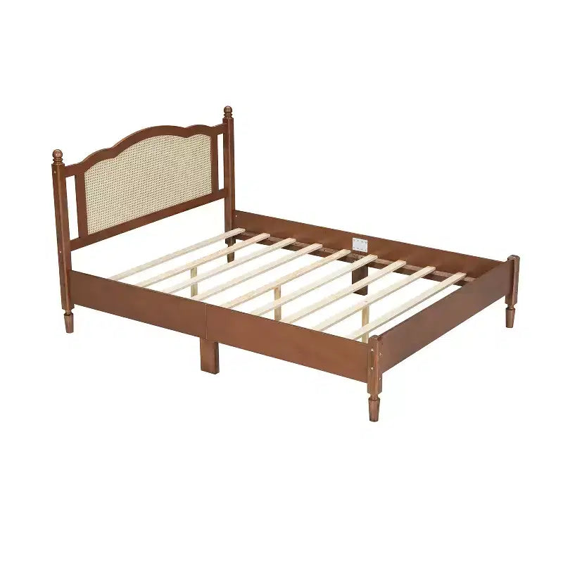 FAMYYT Lit plateforme queen size en bois avec tête de lit en rotin naturel et support à lattes en bois, assemblage facile