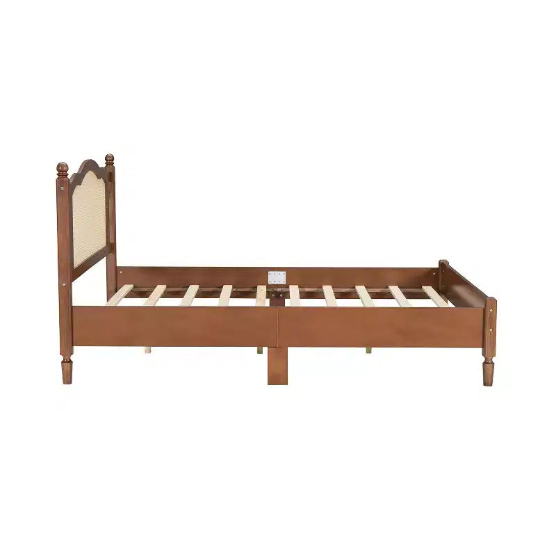 FAMYYT Lit plateforme queen size en bois avec tête de lit en rotin naturel et support à lattes en bois, assemblage facile
