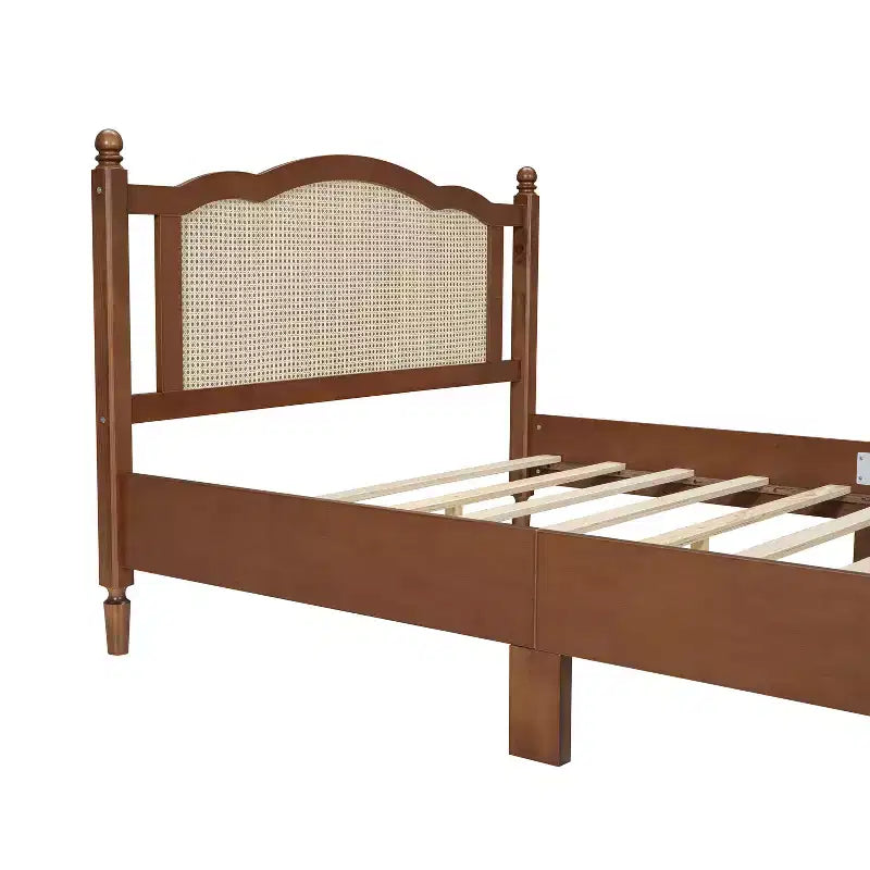FAMYYT Lit plateforme queen size en bois avec tête de lit en rotin naturel et support à lattes en bois, assemblage facile