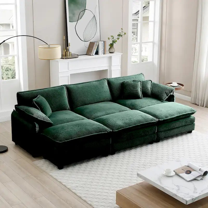 Canapé modulaire convertible 6 places en velours côtelé avec 3 poufs amovibles et 5 oreillers, combinaison libre