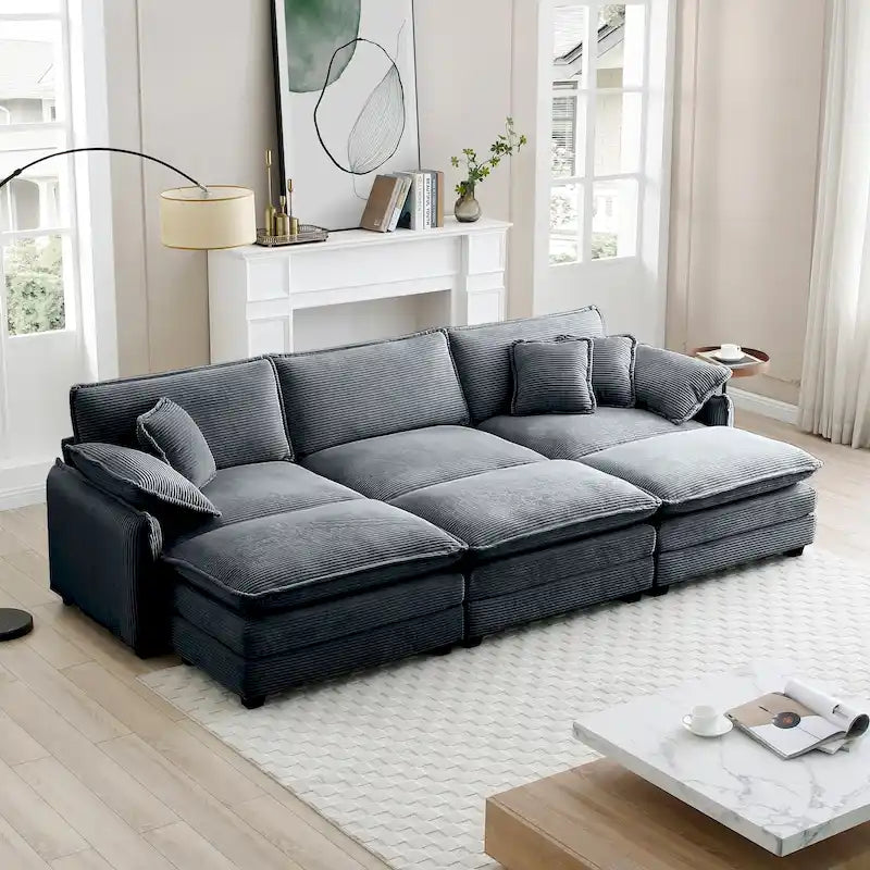 Canapé modulaire convertible 6 places en velours côtelé avec 3 poufs amovibles et 5 oreillers, combinaison libre