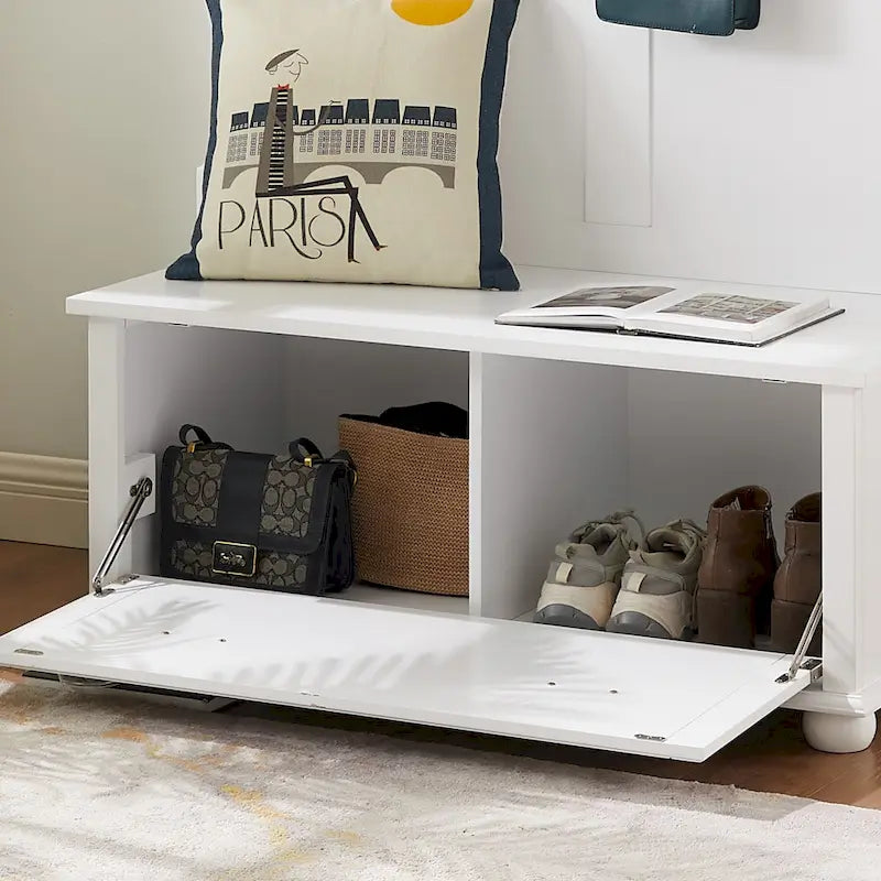 Meuble d'entrée classique moderne avec banc porte-chaussures et patères pour le rangement suspendu