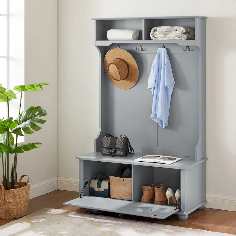 Meuble d'entrée classique moderne avec banc porte-chaussures et patères pour le rangement suspendu