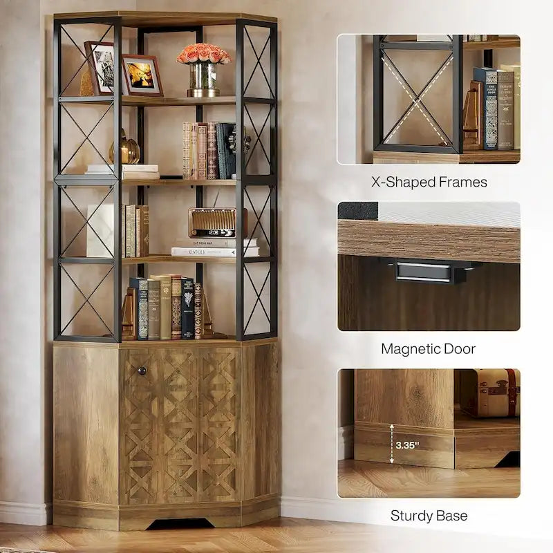Bibliothèque d'angle haute à 7 niveaux, étagère d'angle industrielle de 193 cm avec rangement