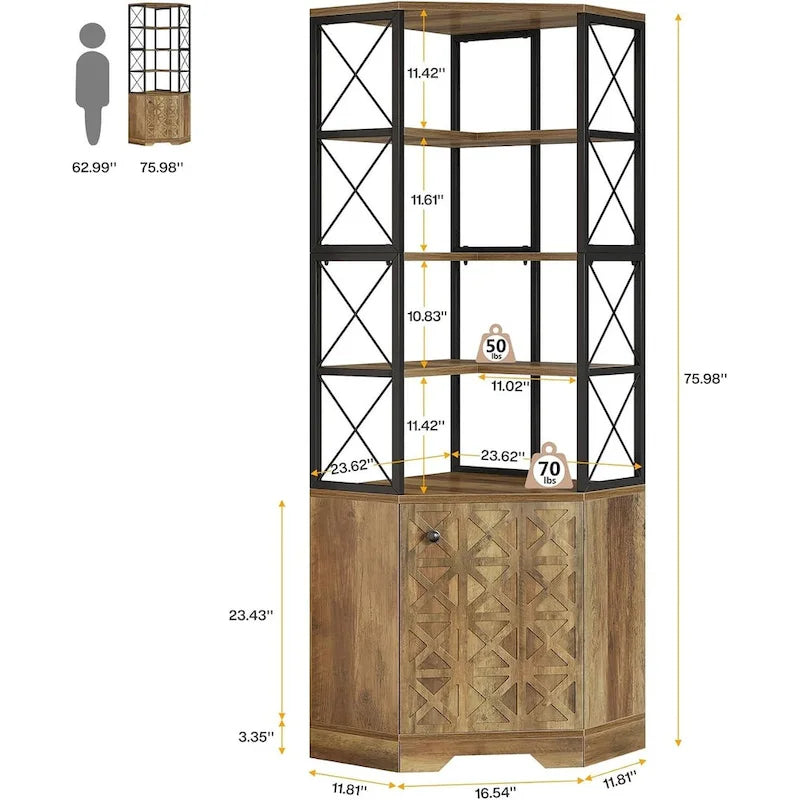 Bibliothèque d'angle haute à 7 niveaux, étagère d'angle industrielle de 193 cm avec rangement