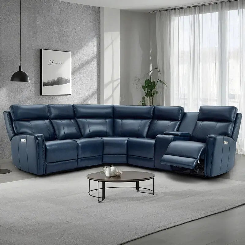 Canapé d'angle inclinable électrique en cuir véritable 104 W avec gravité zéro, appuie-tête réglable, ports USB et console