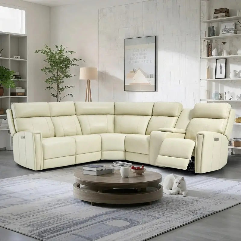 Canapé d'angle inclinable électrique en cuir véritable 104 W avec gravité zéro, appuie-tête réglable, ports USB et console