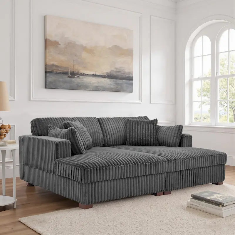 Canapé d'angle modulable Sophia 84 W en velours côtelé et méridienne en peluche
