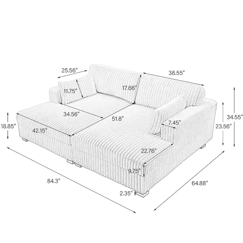 Canapé d'angle modulable Sophia 84 W en velours côtelé et méridienne en peluche
