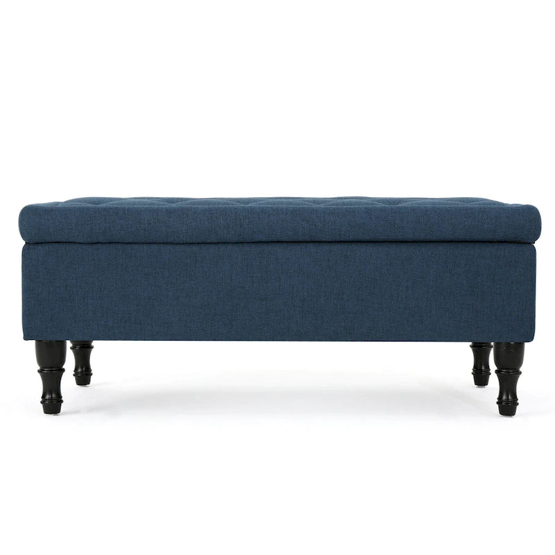 Banc ottoman de rangement, 41 po, en tissu bleu marine capitonné