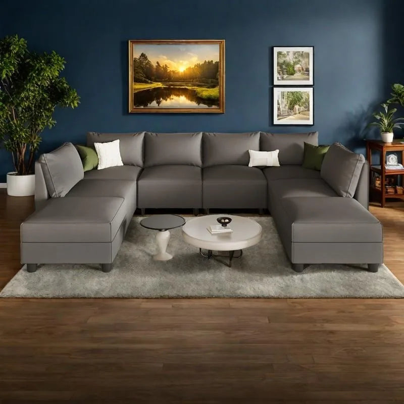 119,68 Canapé d'angle en U en lin 8 places avec pouf de rangement