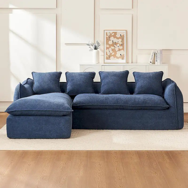 Canapé d'angle en L surdimensionné 3 places bleu 106,3 po avec méridienne, 4 coussins décoratifs et conception modulaire élégante