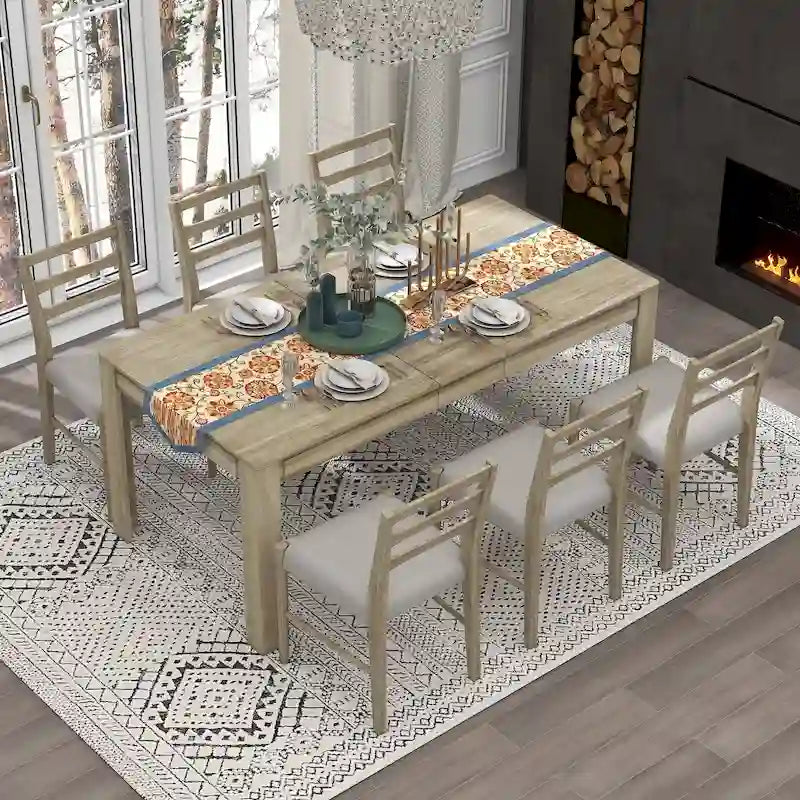 Ensemble de salle à manger 7 pièces en bois avec 6 chaises et table extensible