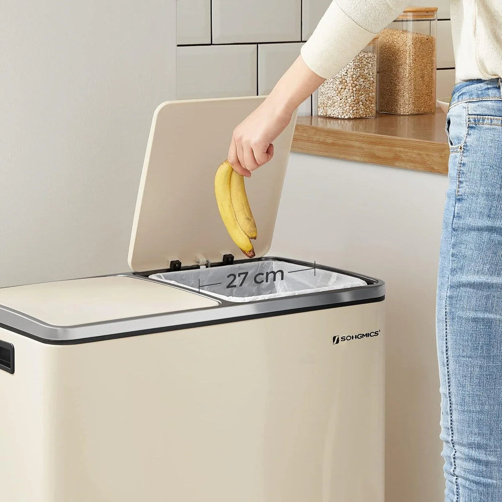 SONGMICS Poubelle double, 60L en acier inoxydable, Amande