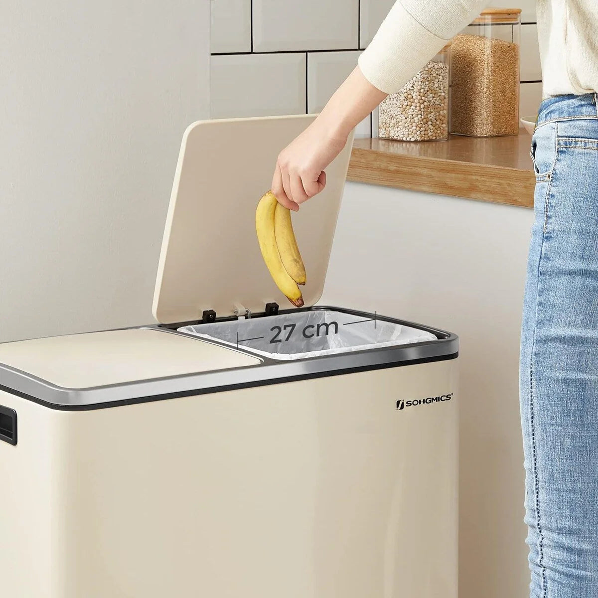 SONGMICS Poubelle double, 60L en acier inoxydable, Amande