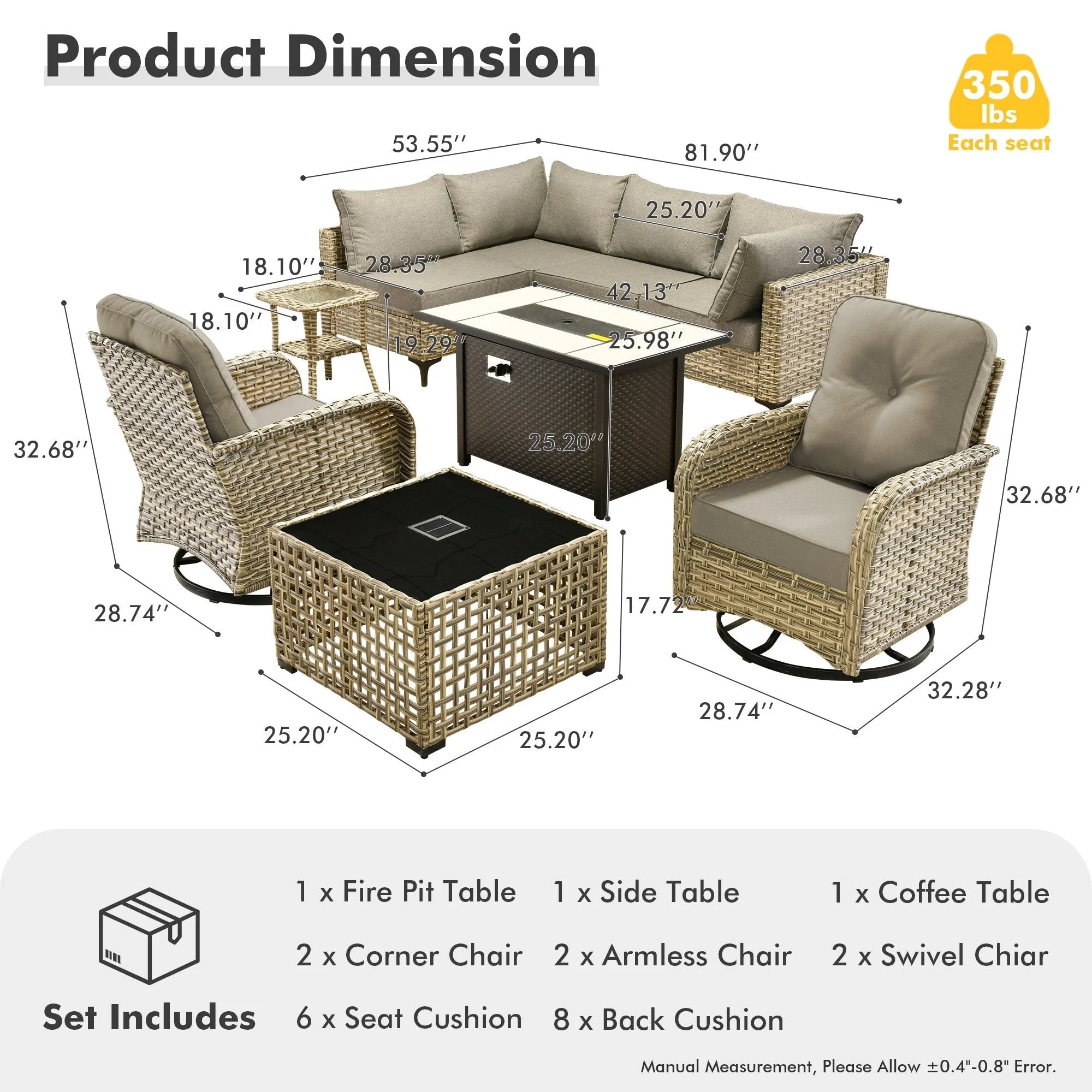 Ensemble de 9 chaises pivotantes en osier OVIOS pour l'extérieur avec table brasero