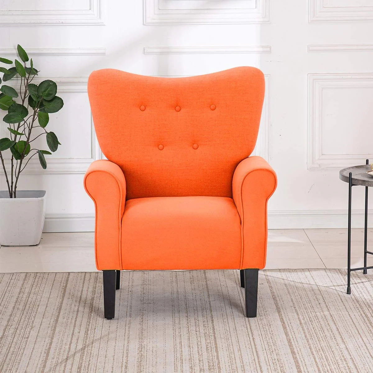 Fauteuil d'appoint moderne Erommy, fauteuil à dossier haut, canapé simple en tissu rembourré avec boutons et pieds en bois pour salon