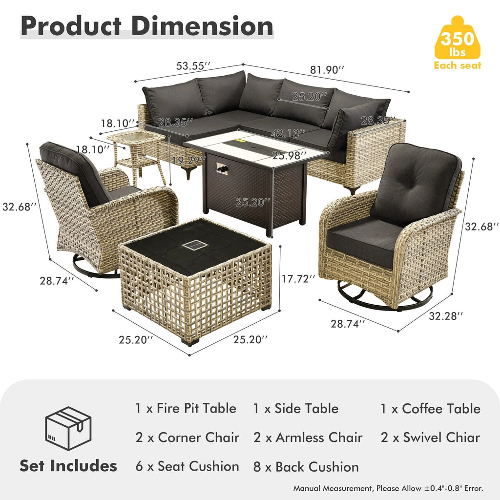 Ensemble de 9 chaises pivotantes en osier OVIOS pour l'extérieur avec table brasero