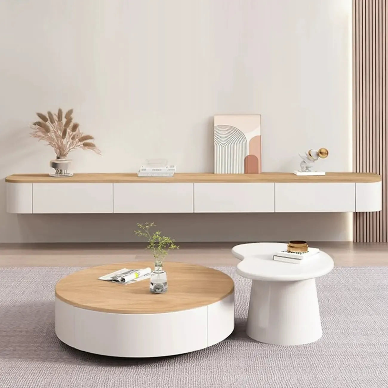 Meuble TV flottant contemporain en bois blanc avec tiroirs