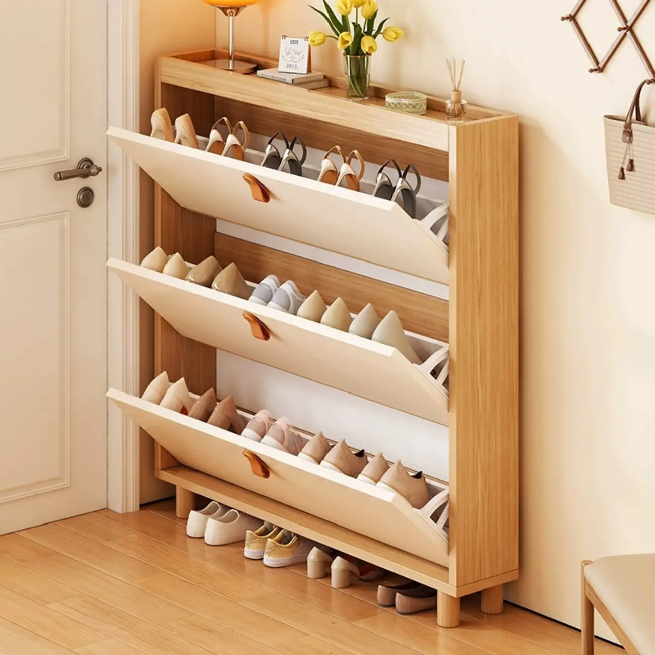 Meuble à chaussures étroit naturel à portes abattantes