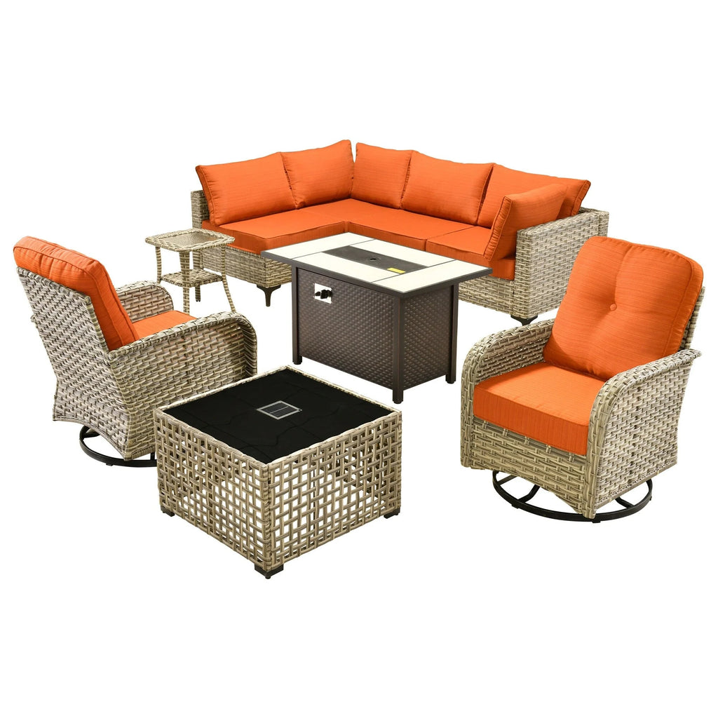 Ensemble de 9 chaises pivotantes en osier OVIOS pour l'extérieur avec table brasero