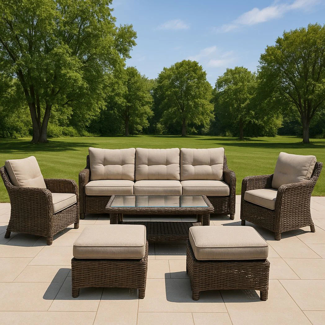 Brown Wicker Patio Furniture Set with Beige Cushions, Including Sofa, Armchairs, Coffee Table and Ottomans