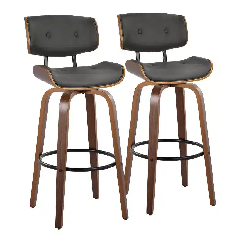 Set of 2 Lombardi Barstools Walnut/Black/Gray PU - LumiSource: Mid-Century Modern, Fixed Height, Footrest