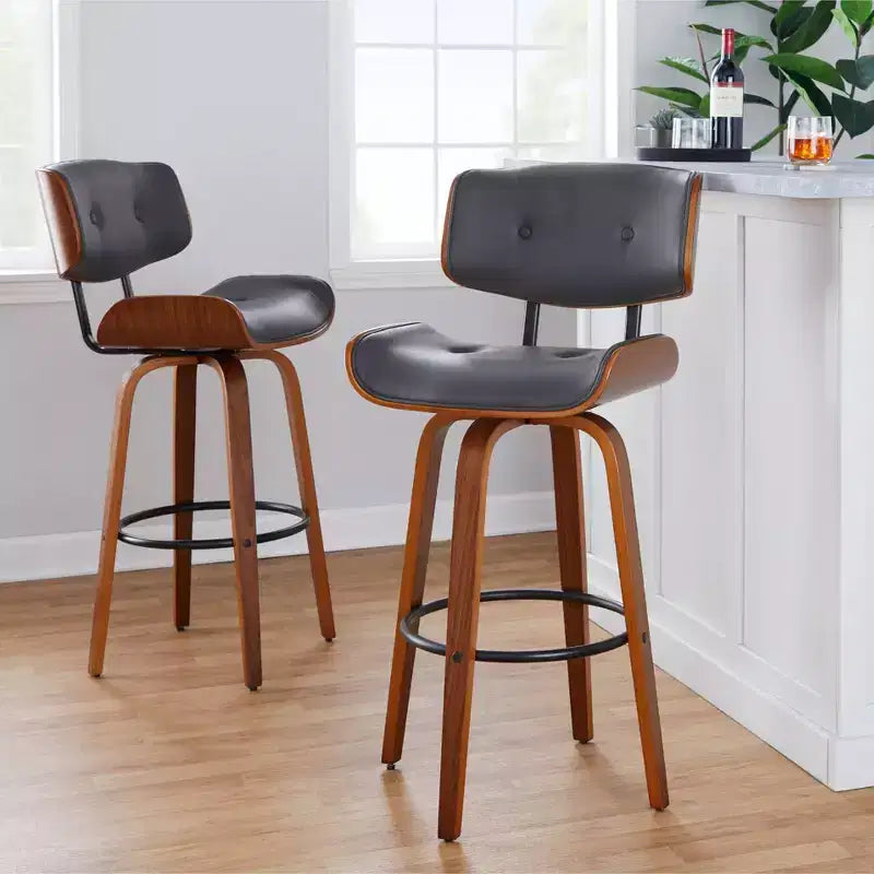 Lot de 2 tabourets de bar Lombardi Noyer/Noir/PU Gris - LumiSource : Mid-Century Modern, hauteur fixe, repose-pieds