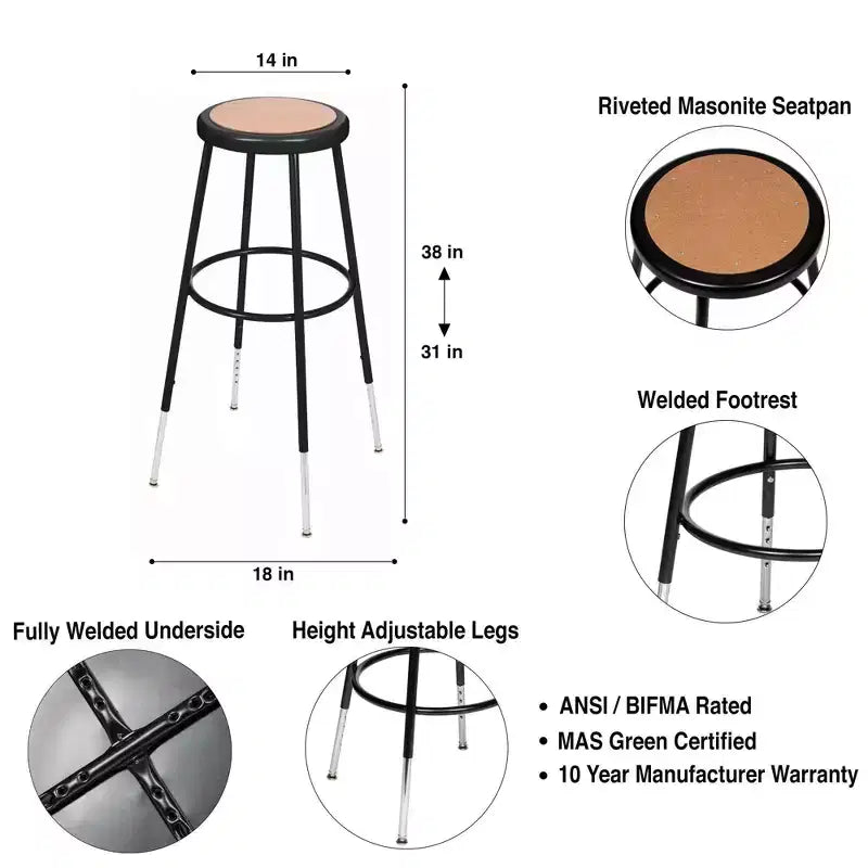 Hampden Furnishings Lot de 2 tabourets de bar noirs robustes réglables en hauteur de 81,3 cm à 99,1 cm, en acier : Cadre rond moderne, capacité de 136 kg