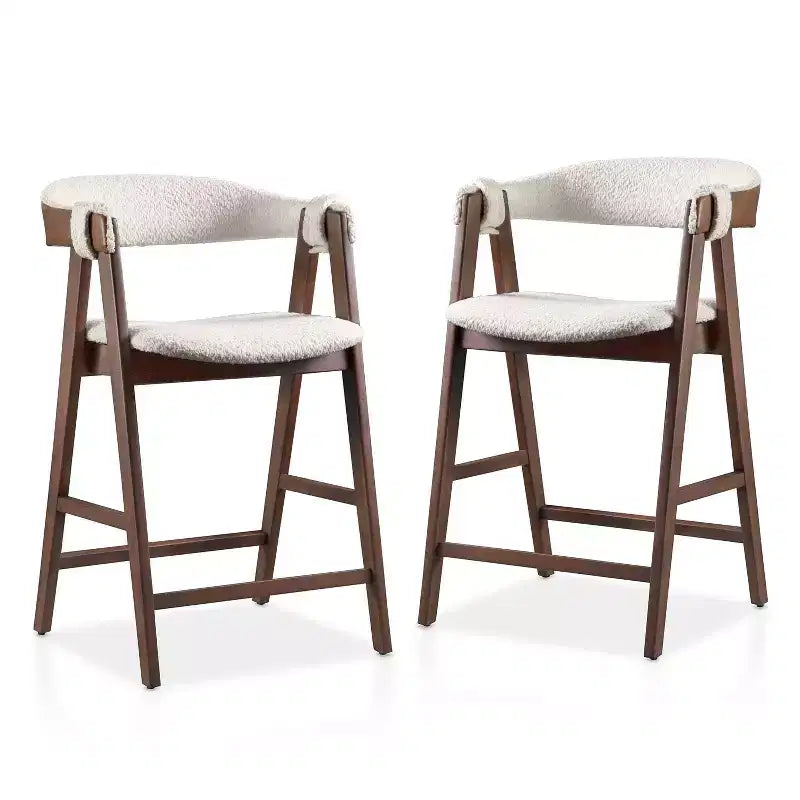 HOMES: Inside + Out Set of 2 Pearlcrest Mid-Century Modern Boucle Upholstered Counter Height Barstool Chairs Walnut